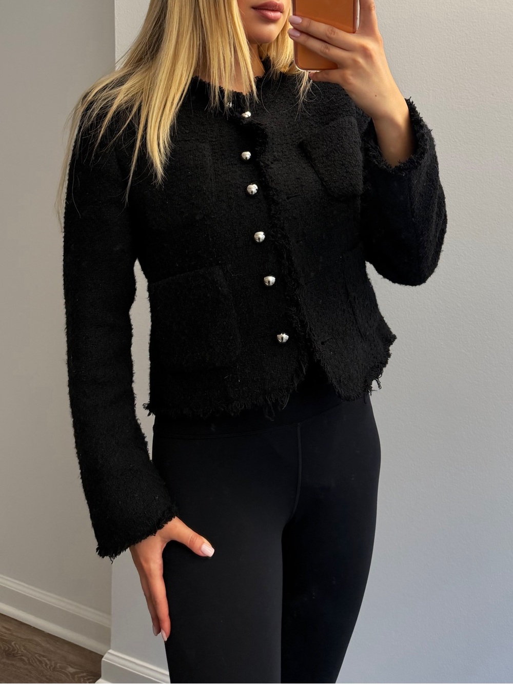 Mango Black Tweed Pearl-Button Jacket